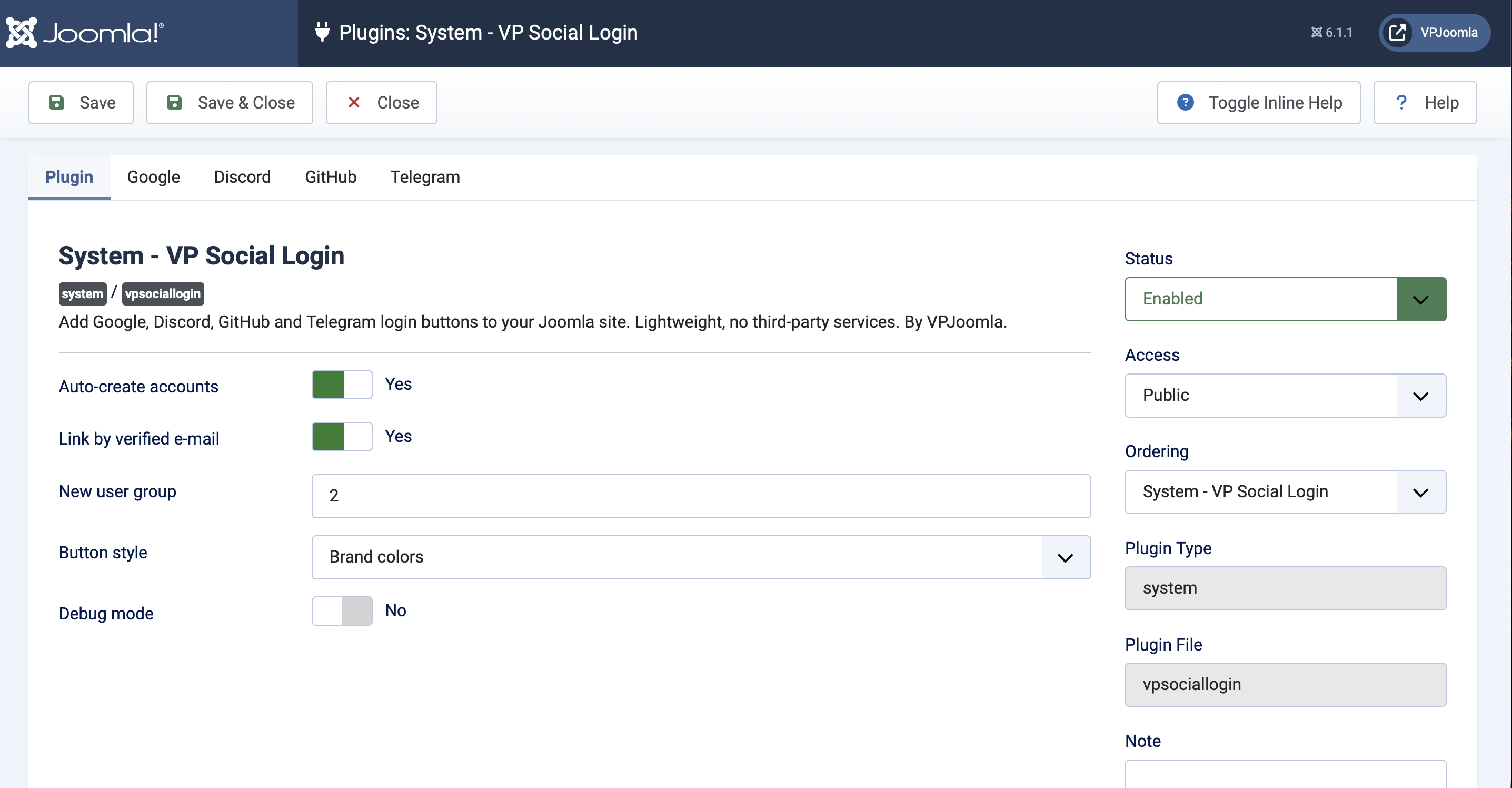 General settings of the System - VP Social Login plugin