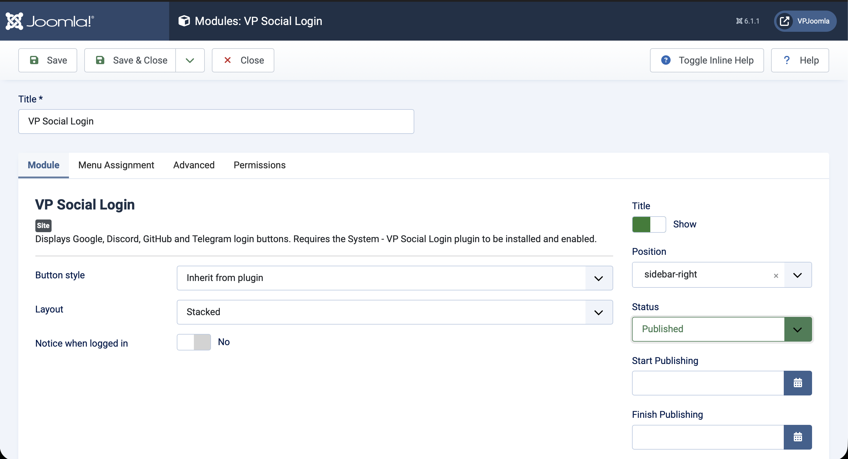 Options of the VP Social Login module