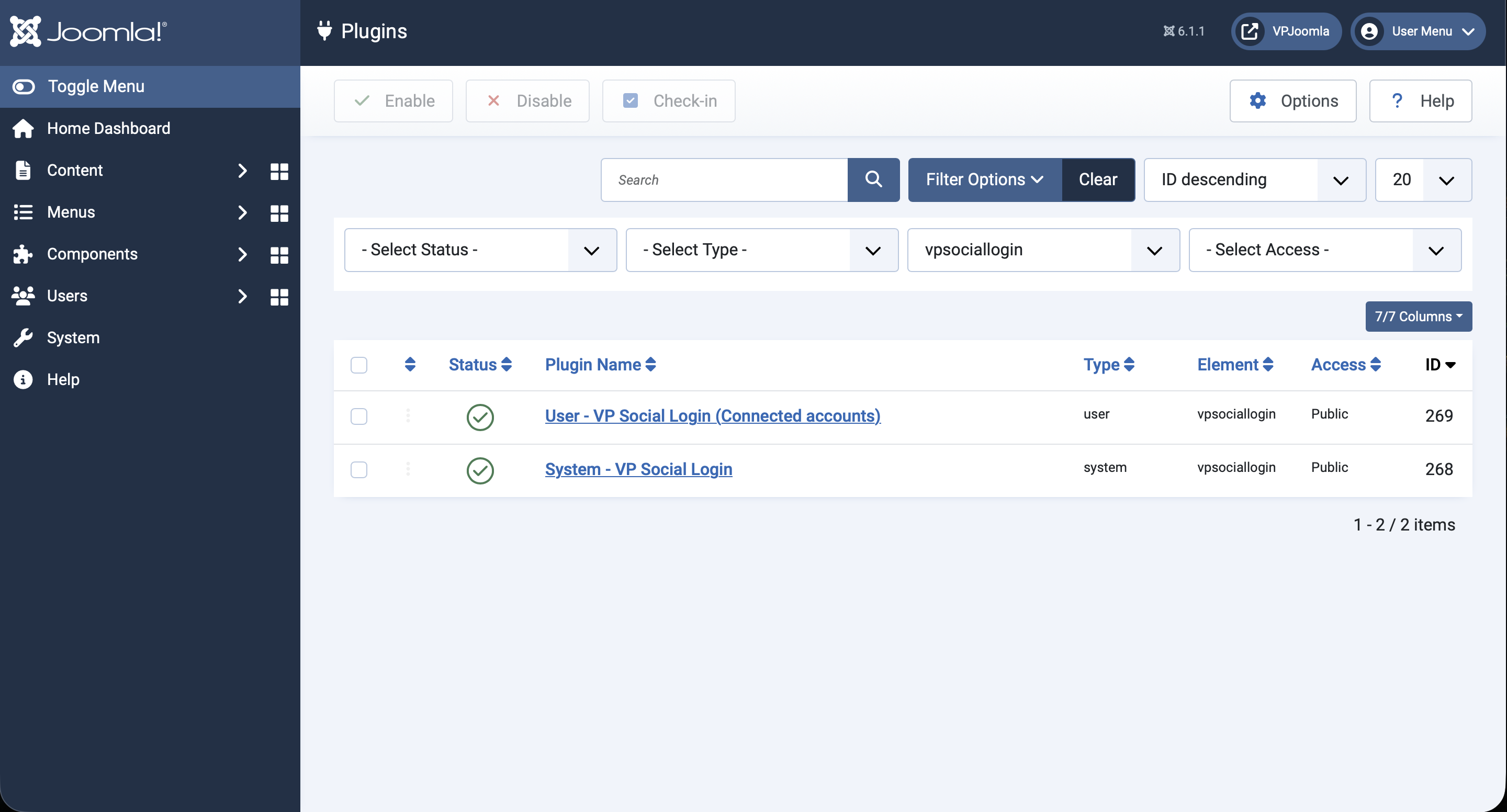 Joomla Plugins list filtered to VP Social Login with both plugins enabled