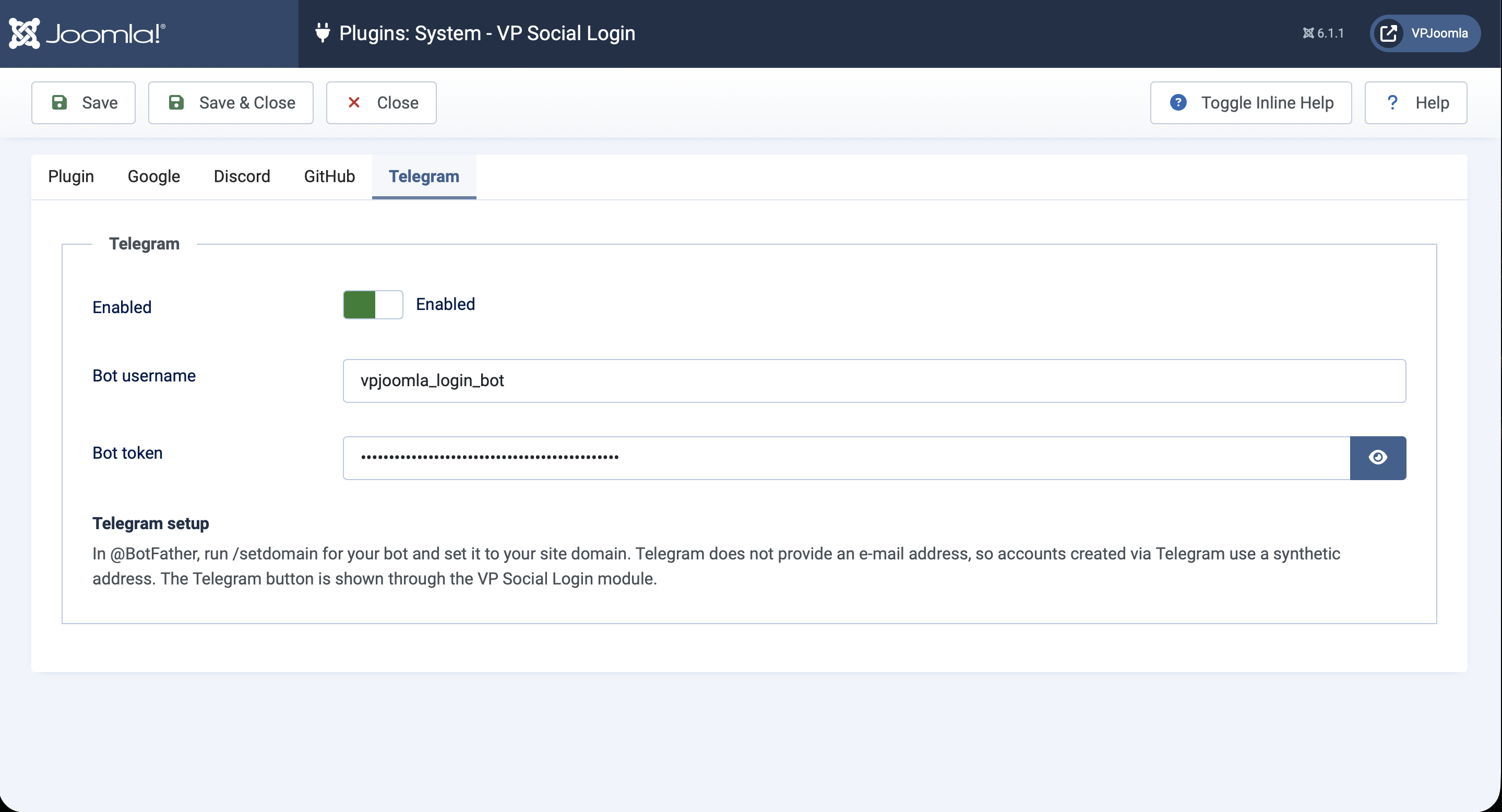 Telegram tab of the System - VP Social Login plugin with bot username and token