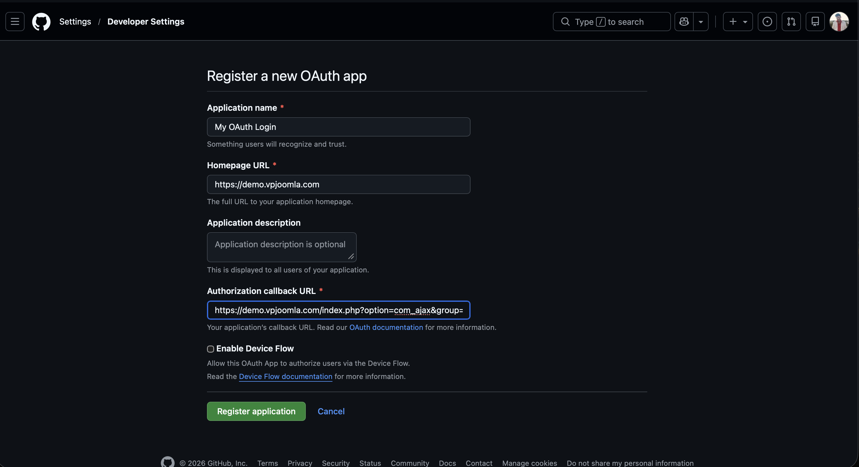 Registering a new OAuth app in GitHub developer settings