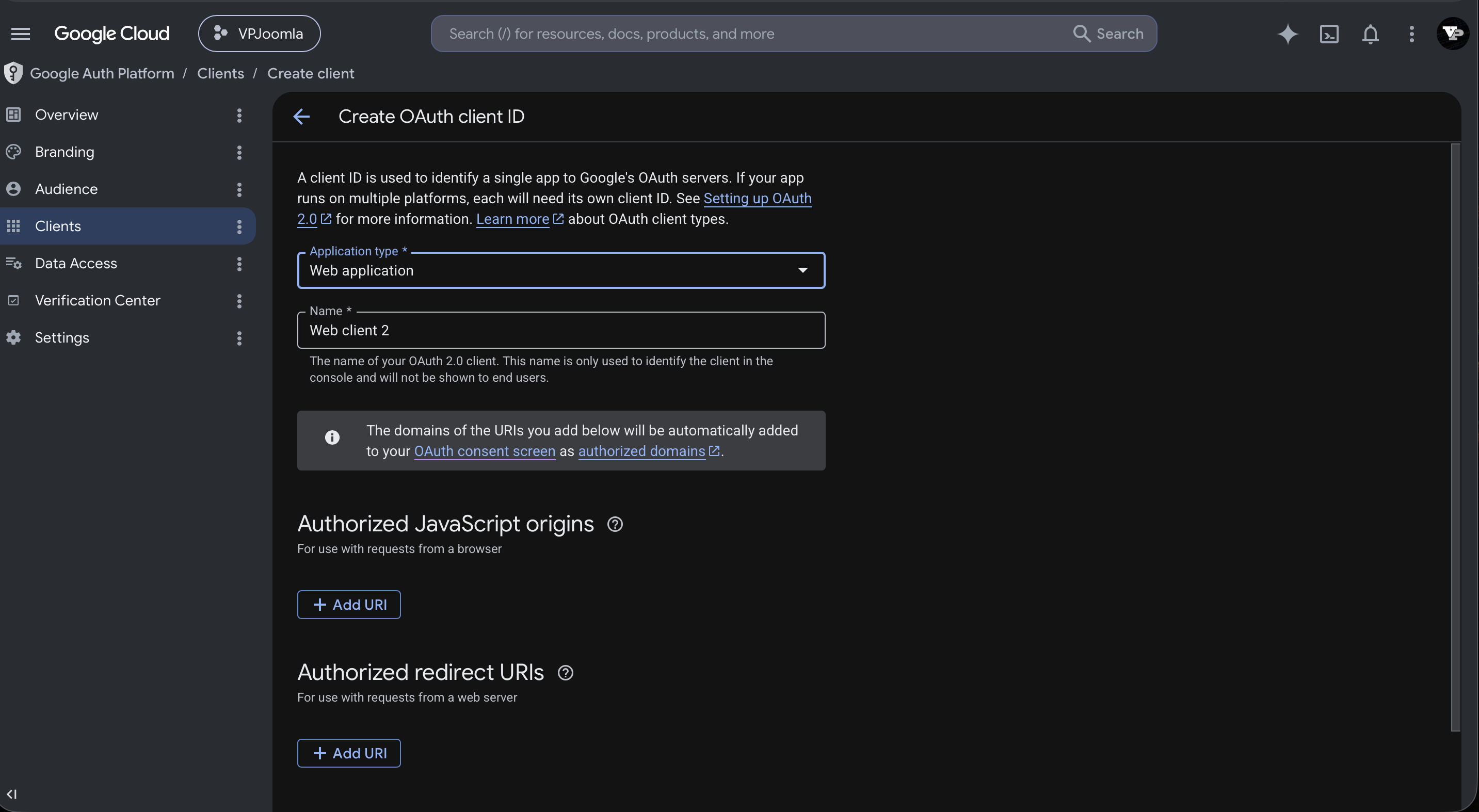 Creating a Web application OAuth client ID in the Google Cloud console