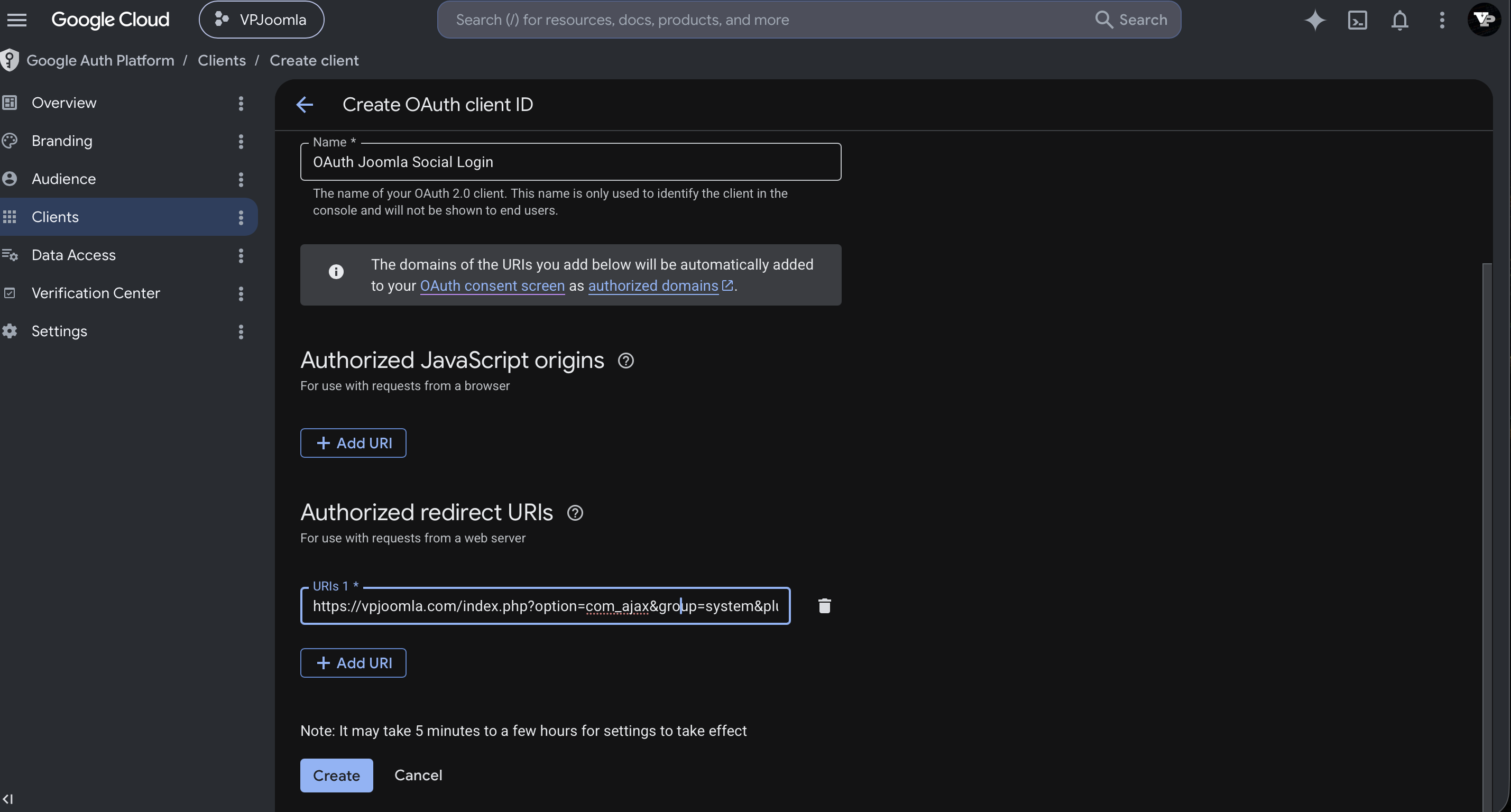 Pasting the VP Social Login redirect URI into Authorized redirect URIs