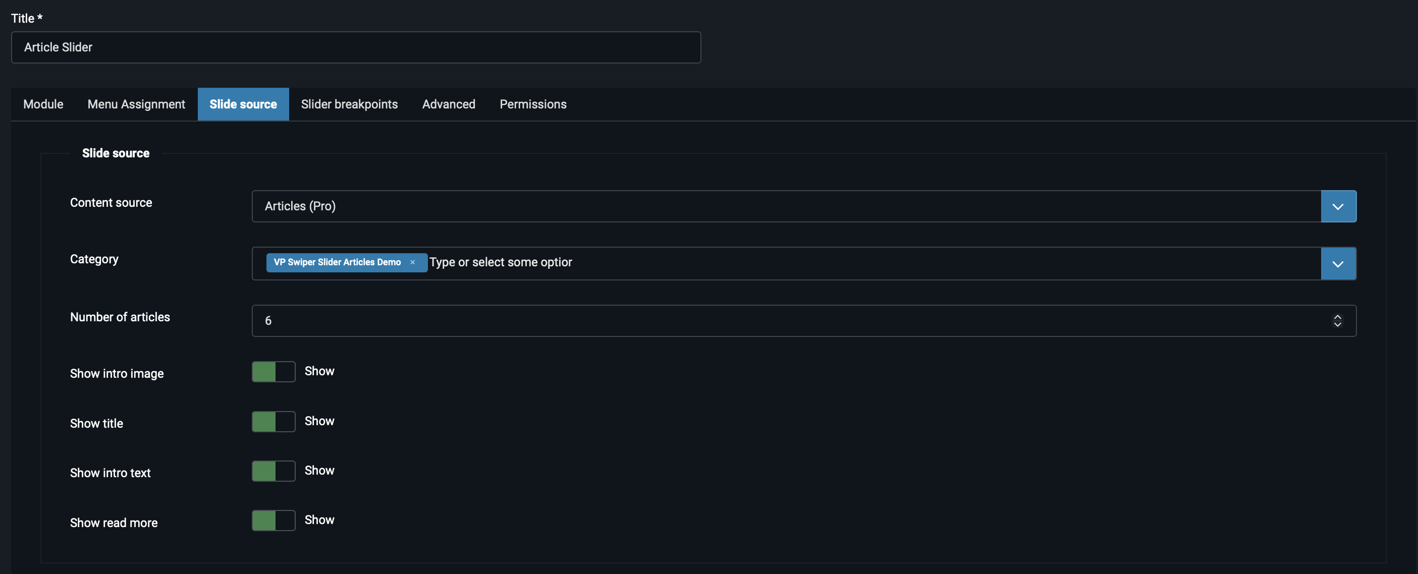 Articles source with category picker, count, sorting and four show-toggles