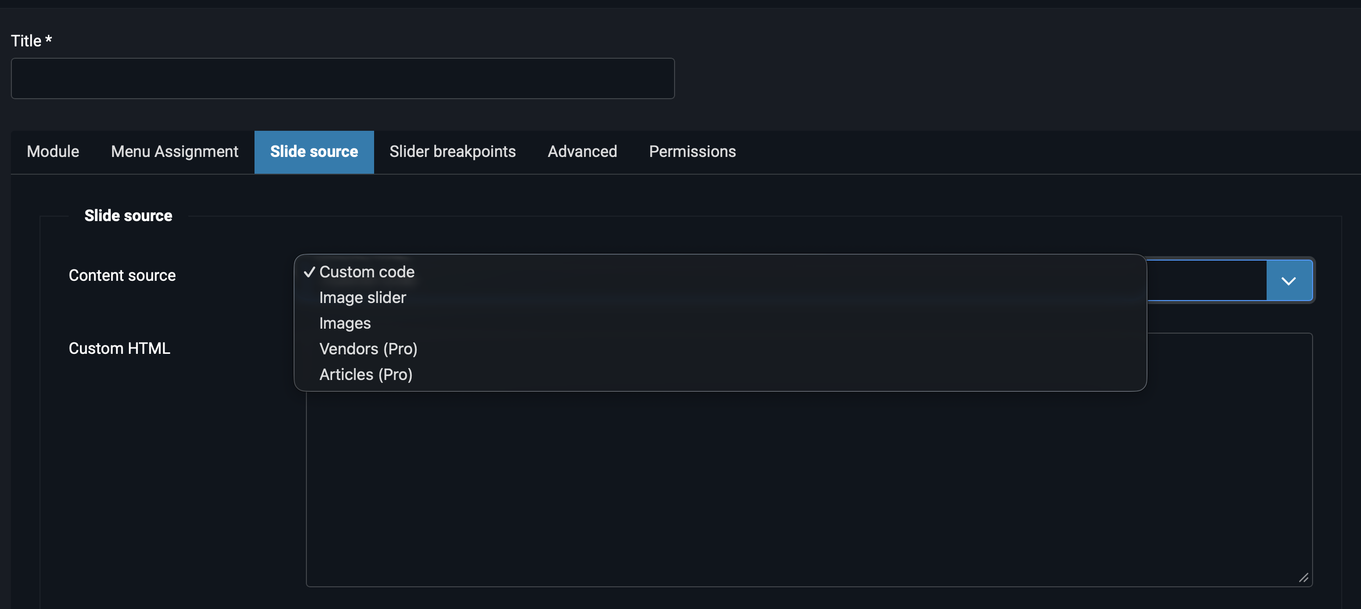 Content source dropdown showing five options