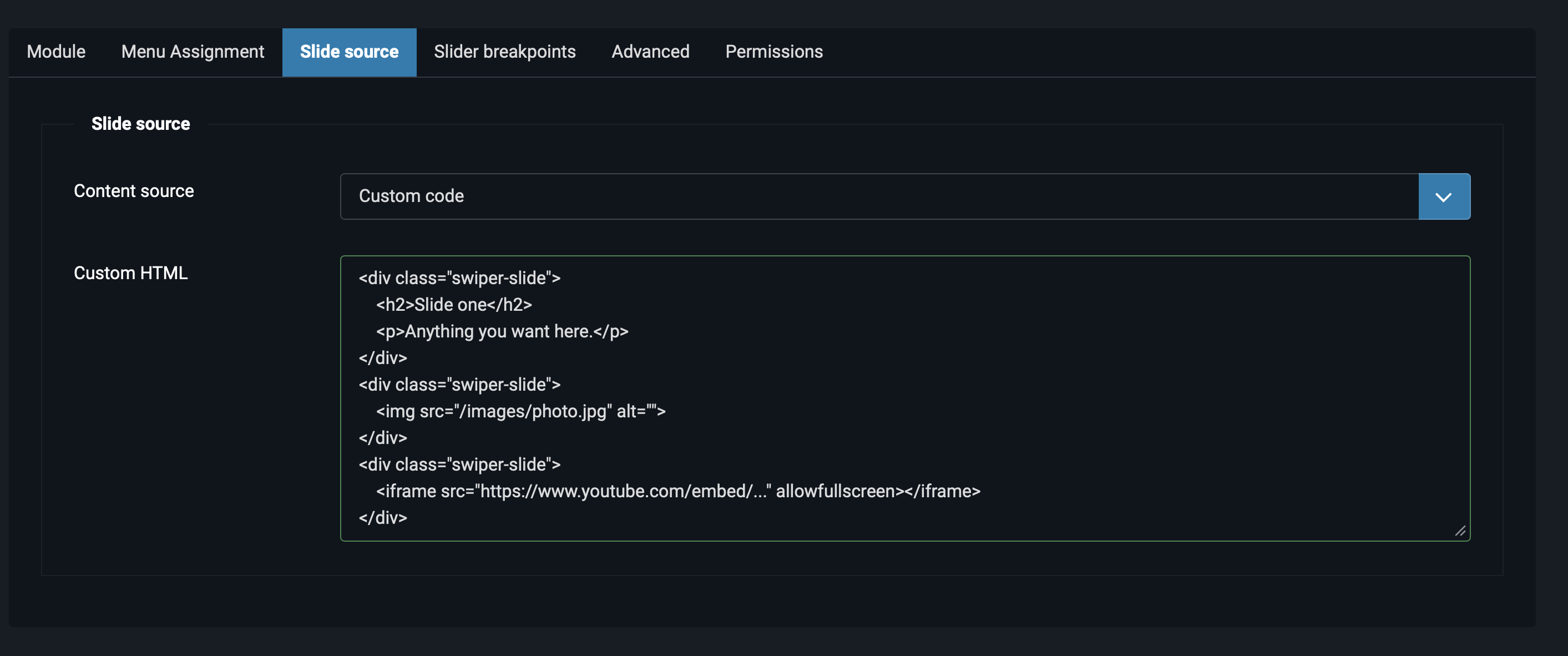 Custom code source with the Custom HTML textarea filled with three example slides