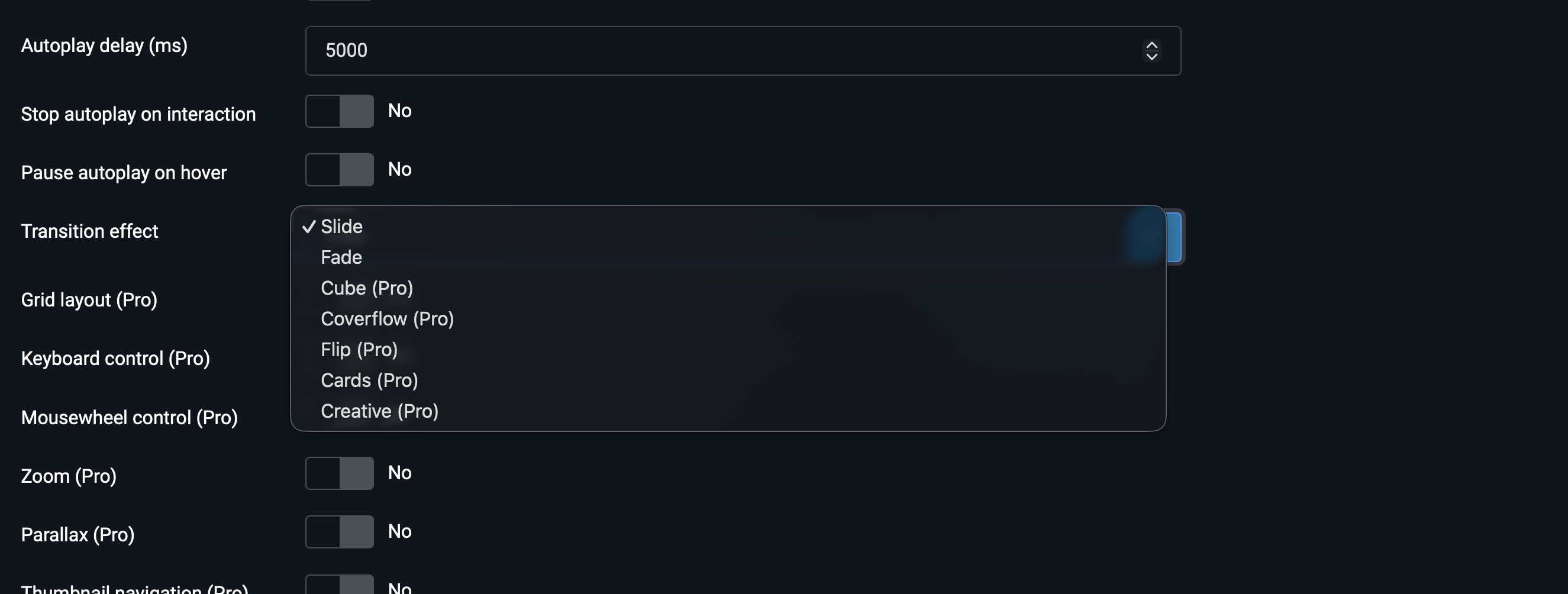 Transition effect dropdown with all seven options