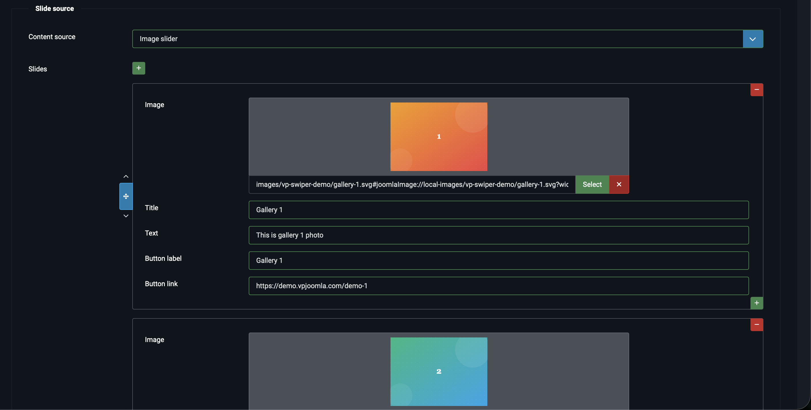 Image slider subform with two slides filled in
