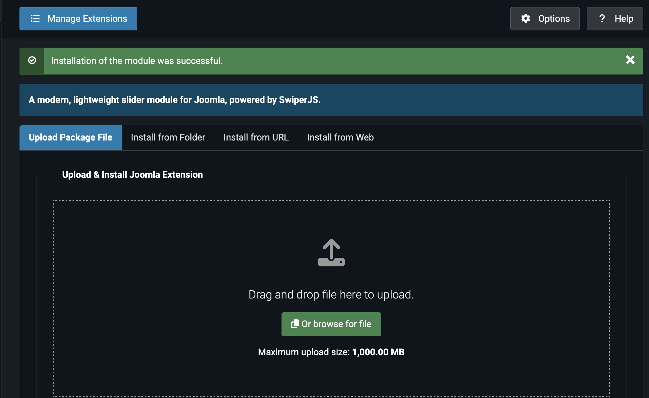 Joomla Install Extensions screen with VP Swiper Slider ZIP being uploaded