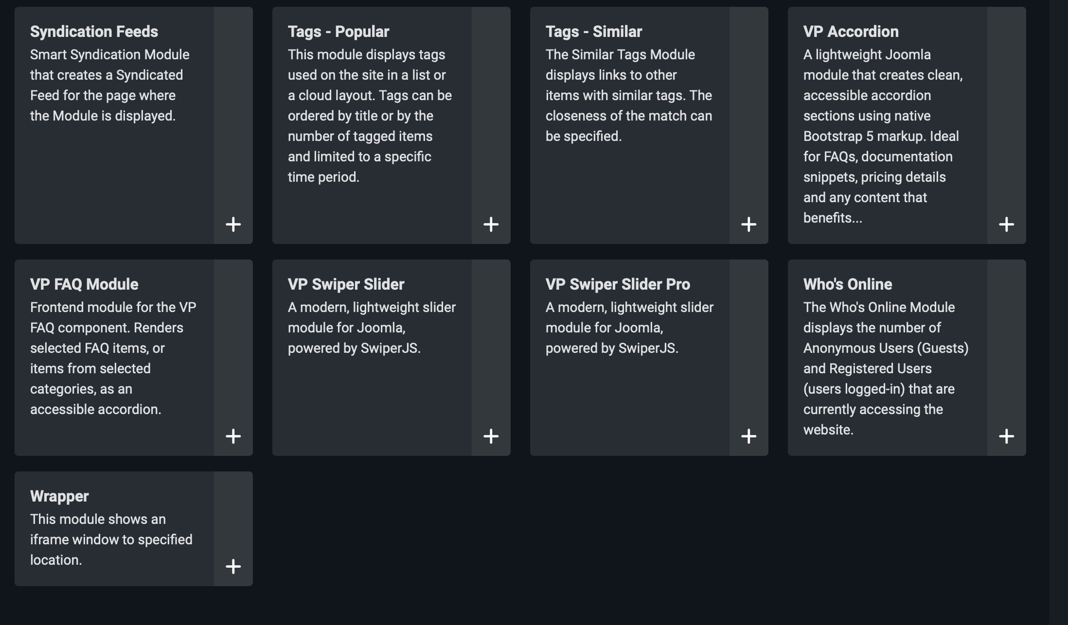 Joomla module type selector with VP Swiper Slider highlighted
