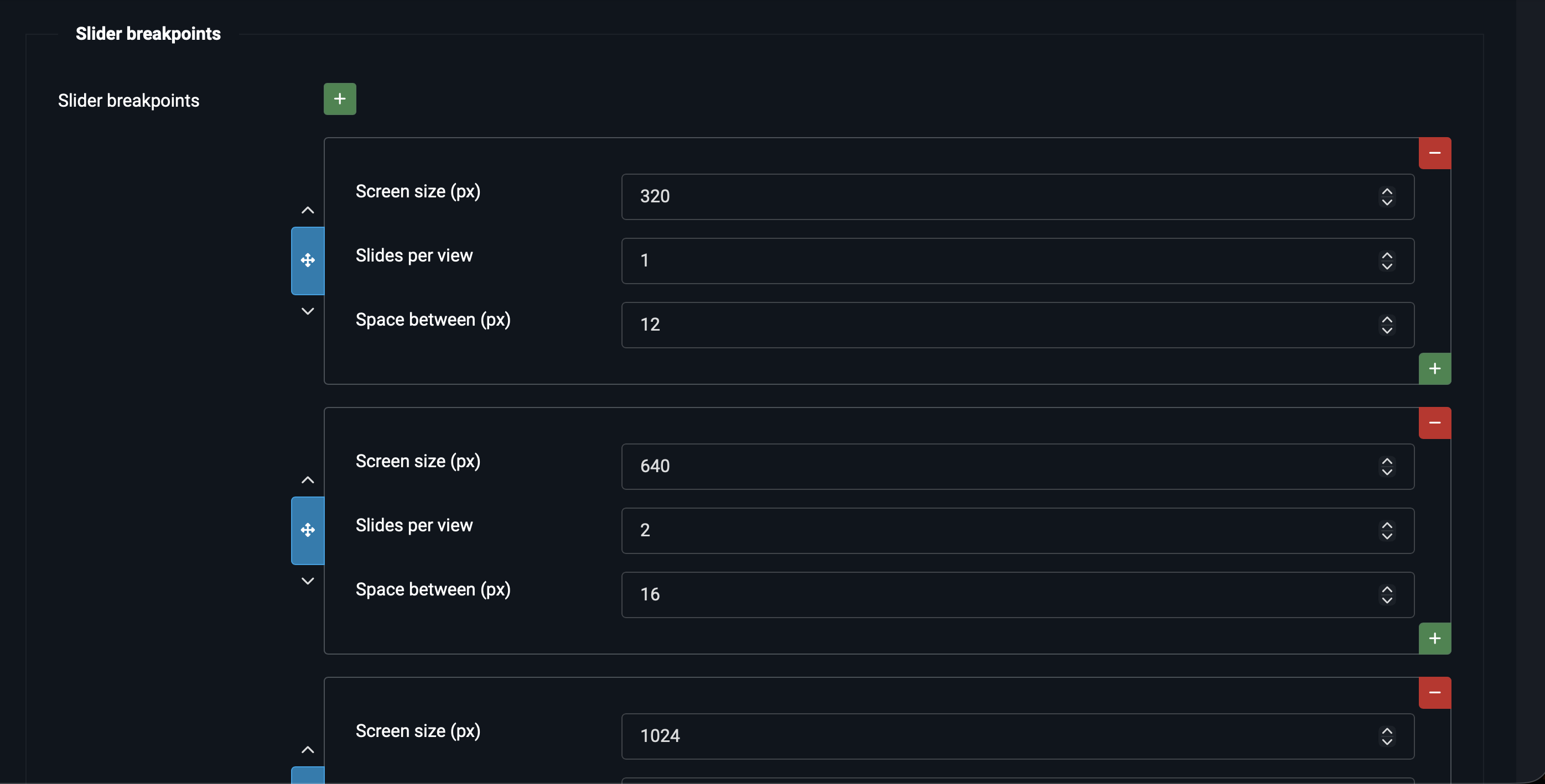 Slider breakpoints tab with breakpoints subform