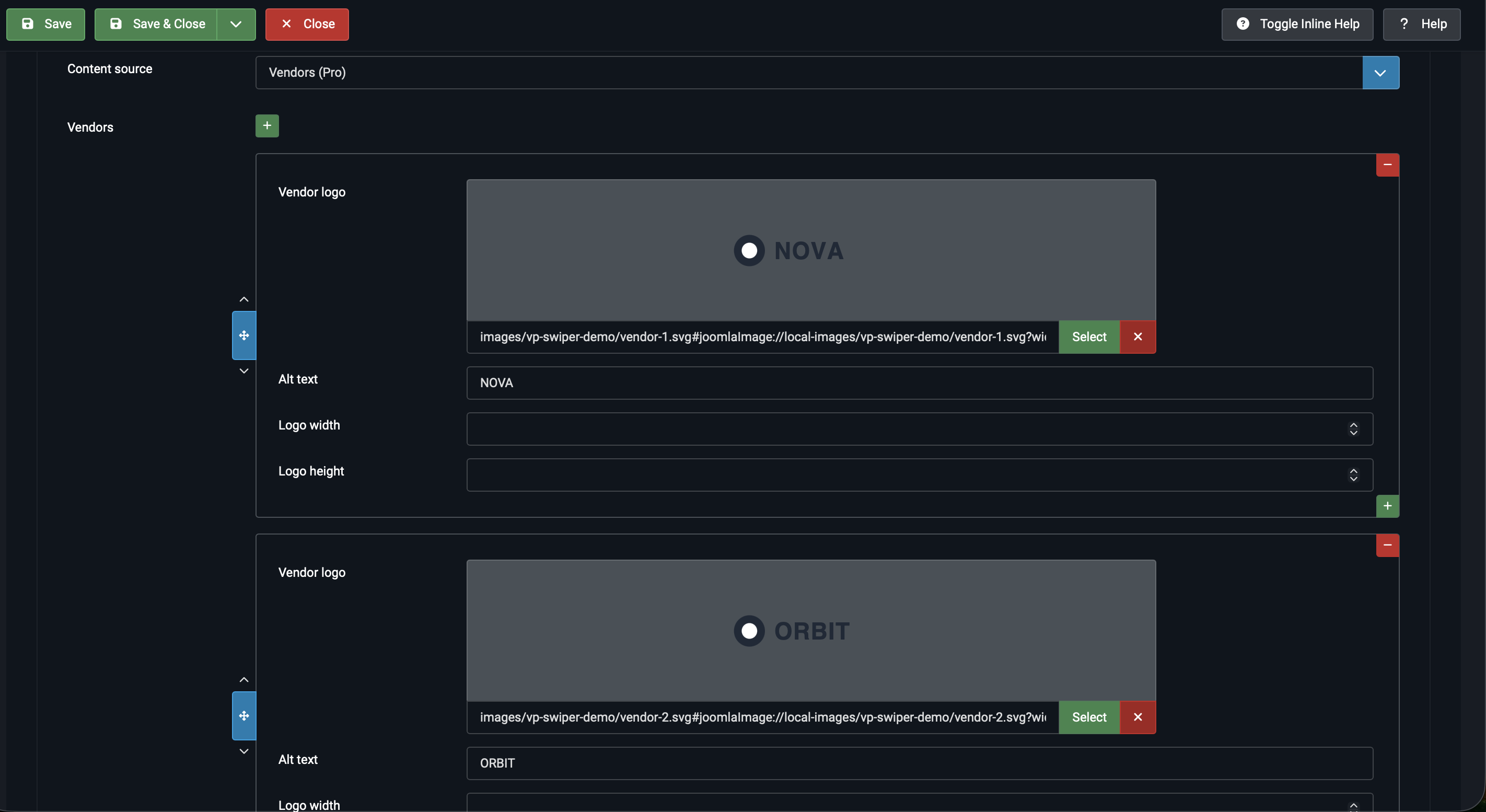 Vendors subform with logo rows showing Image, Alt, Width and Height fields